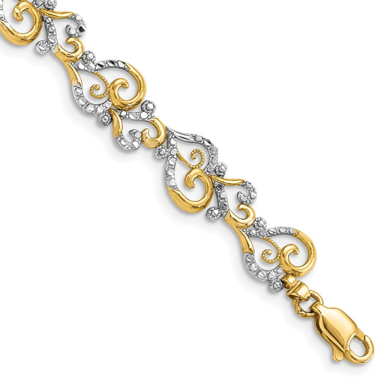 7.5 Inch 14K And White Rhodium Diamond-Cut Fancy Link Bracelet