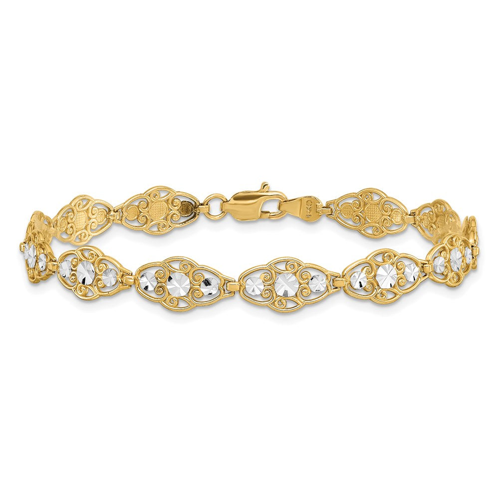 7.25 Inch 14K And White Rhodium Diamond-Cut Fancy Bracelet