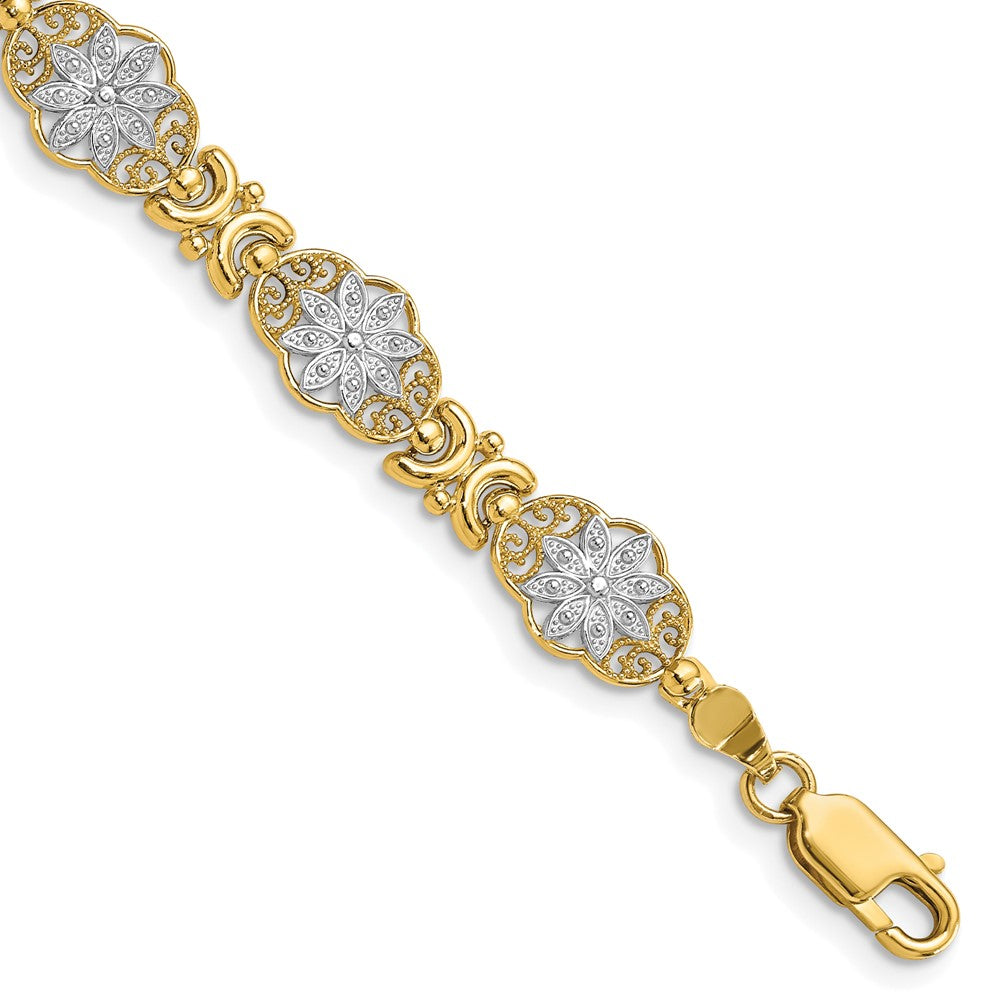 7.5 Inch 14K And White Rhodium Flower 7.5In Bracelet