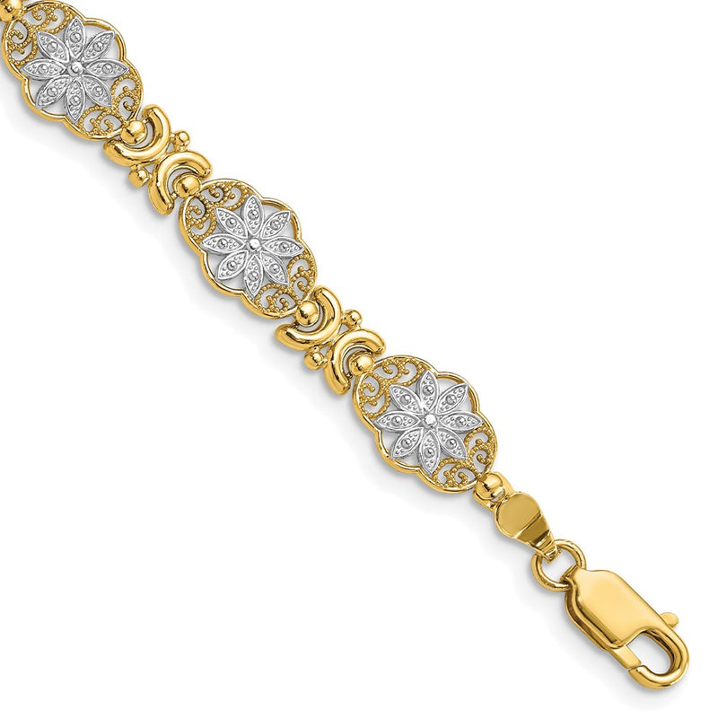 7.5 Inch 14K And White Rhodium Flower 7.5In Bracelet