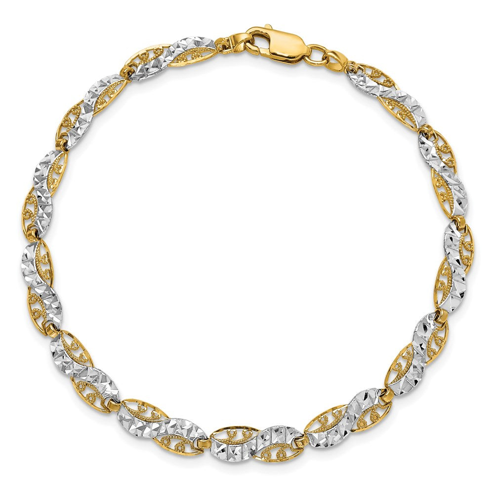 7.5 Inch 14K And White Rhodium Diamond-Cut Filigree Link Bracelet