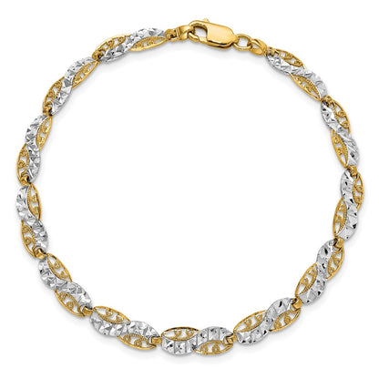 7.5 Inch 14K And White Rhodium Diamond-Cut Filigree Link Bracelet