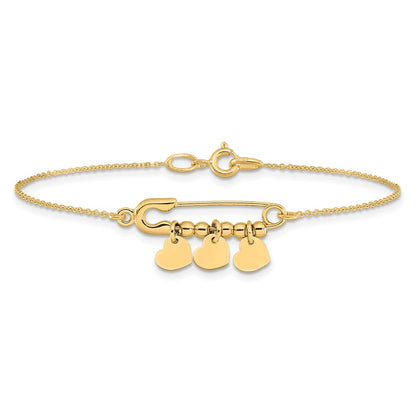14K Yellow Gold Safety Pin With Dangle Hearts Bracelet
