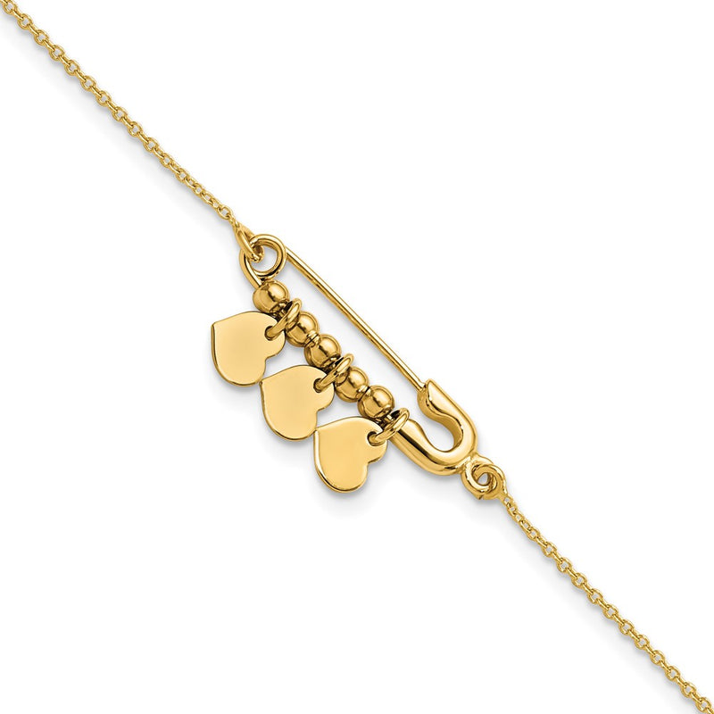 14K Yellow Gold Safety Pin With Dangle Hearts Bracelet