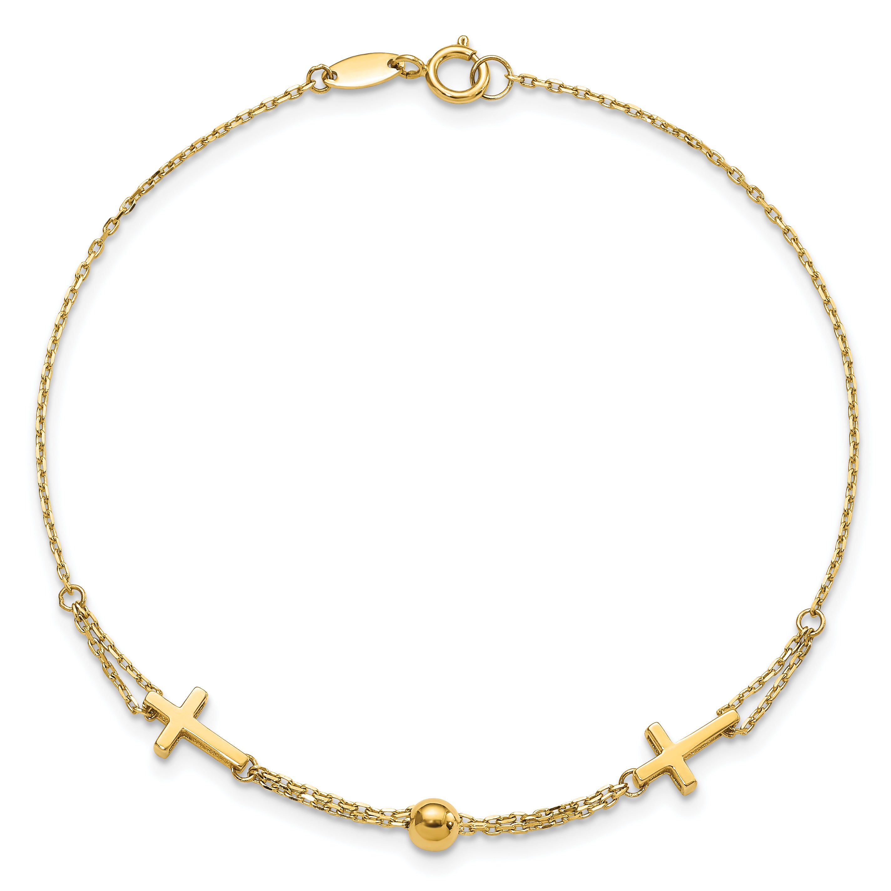 14K Yellow Gold Polished Double Strand Cross 7.5In Bracelet