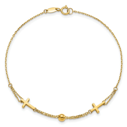 14K Yellow Gold Polished Double Strand Cross 7.5In Bracelet