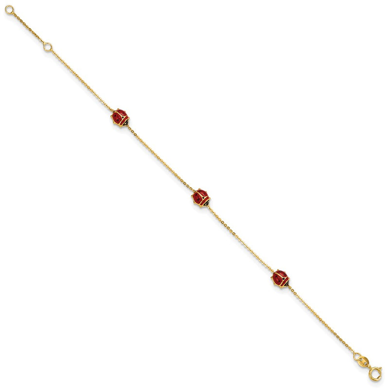 14K Yellow Gold Polished Enameled Ladybugs 6.5In W/.75In Ext. Bracelet