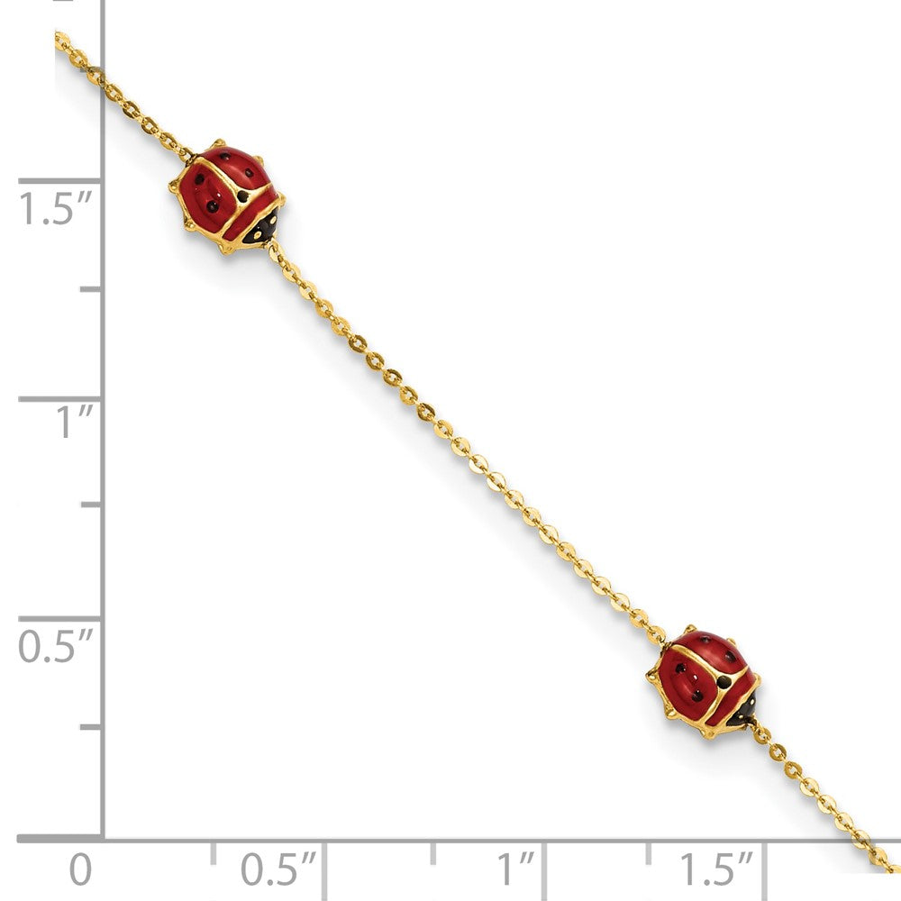 14K Yellow Gold Polished Enameled Ladybugs 6.5In W/.75In Ext. Bracelet