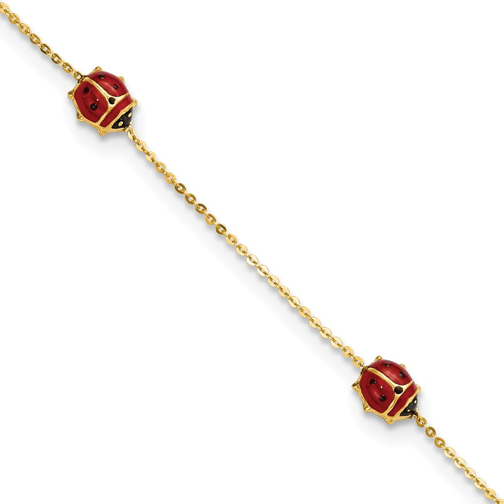 14K Yellow Gold Polished Enameled Ladybugs 6.5In W/.75In Ext. Bracelet