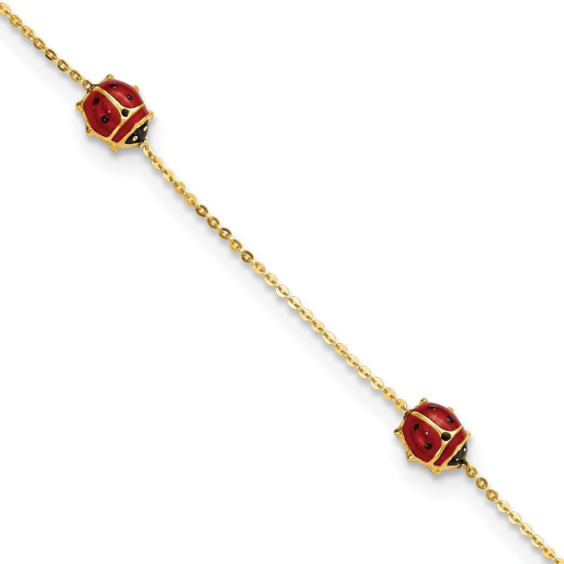 14K Yellow Gold Polished Enameled Ladybugs 6.5In W/.75In Ext. Bracelet