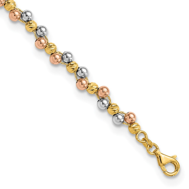 7.5 Inch 14K Tri Color Polished And D/C Beaded Bracelet