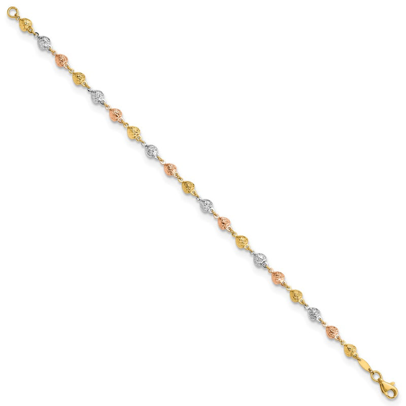 14K Tri-Color Polished Diamond-Cut Hearts Chain Bracelet