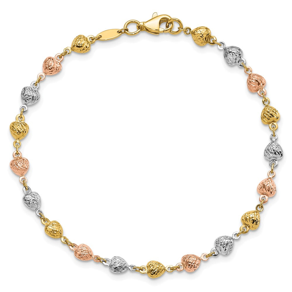 14K Tri-Color Polished Diamond-Cut Hearts Chain Bracelet