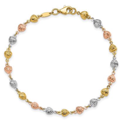 14K Tri-Color Polished Diamond-Cut Hearts Chain Bracelet