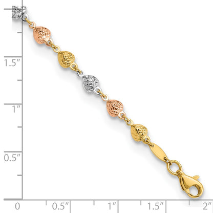 14K Tri-Color Polished Diamond-Cut Hearts Chain Bracelet