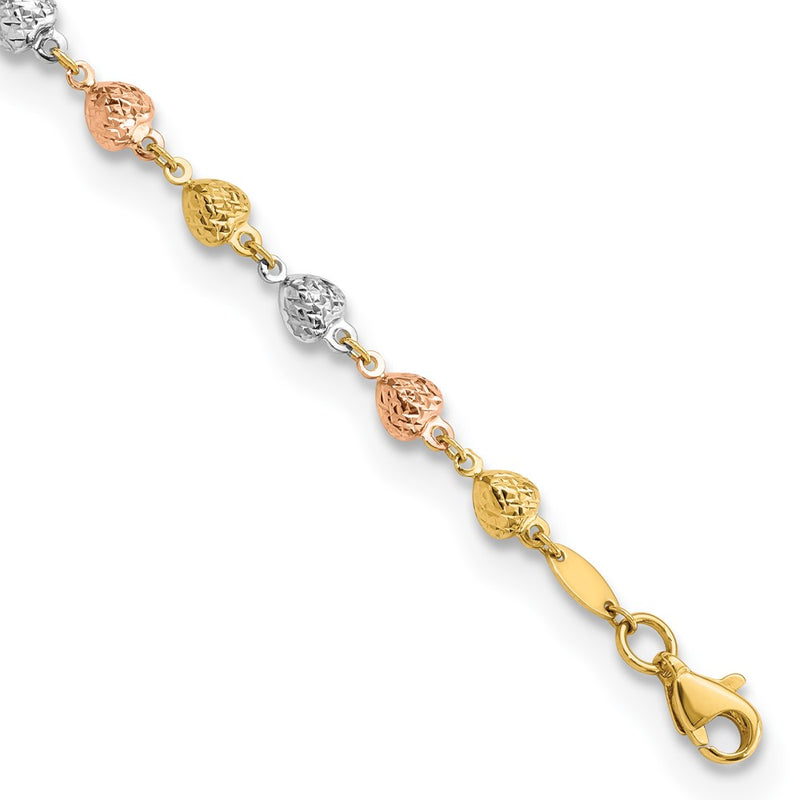 14K Tri-Color Polished Diamond-Cut Hearts Chain Bracelet