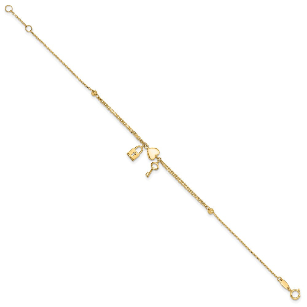 14K Yellow Gold Polished and Diamond-Cut Heart Lock and Key W/ .5in Ext. Bracelet