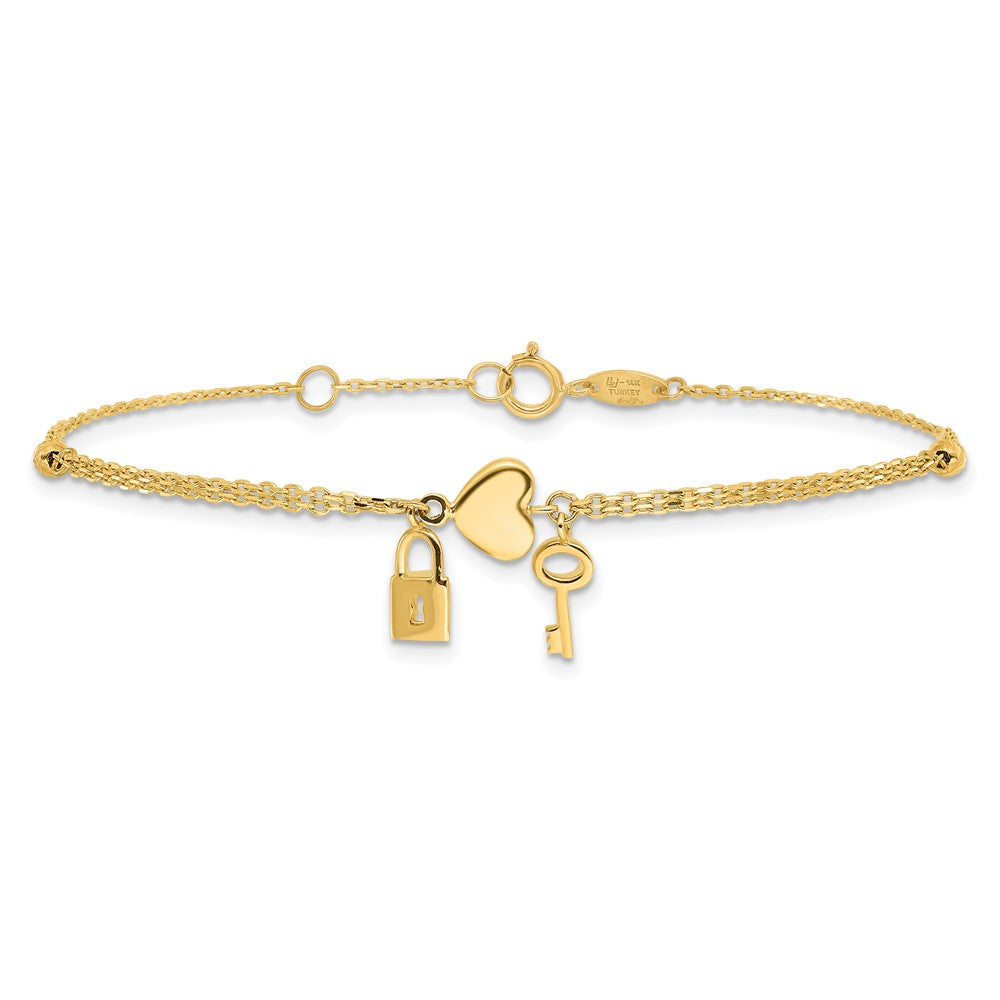 14K Yellow Gold Polished and Diamond-Cut Heart Lock and Key W/ .5in Ext. Bracelet