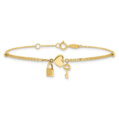 14K Yellow Gold Polished and Diamond-Cut Heart Lock and Key W/ .5in Ext. Bracelet