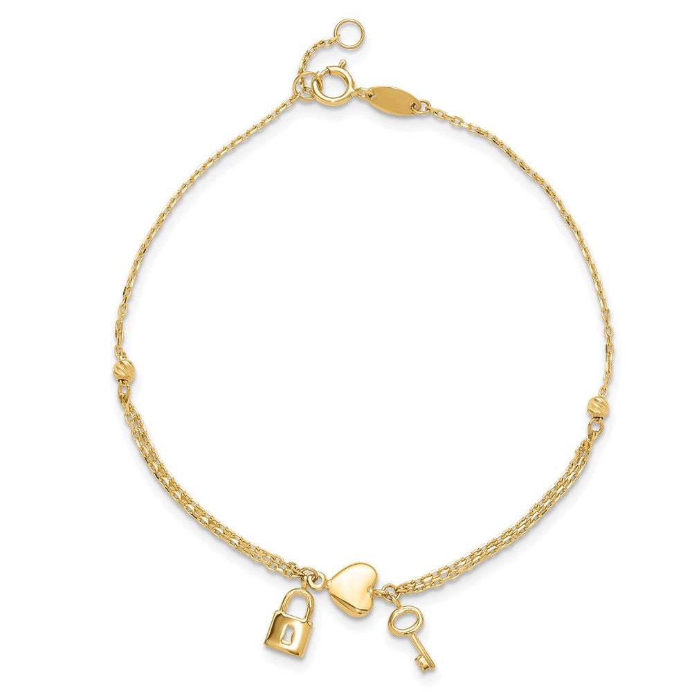 14K Yellow Gold Polished and Diamond-Cut Heart Lock and Key W/ .5in Ext. Bracelet
