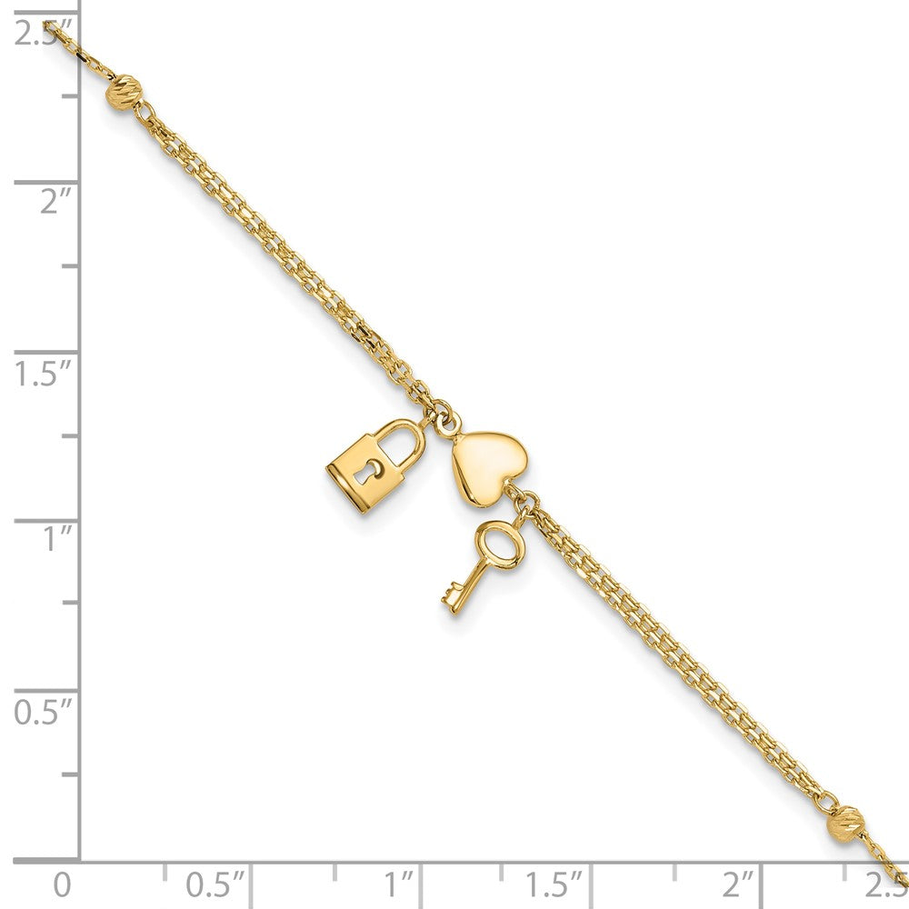 14K Yellow Gold Polished and Diamond-Cut Heart Lock and Key W/ .5in Ext. Bracelet