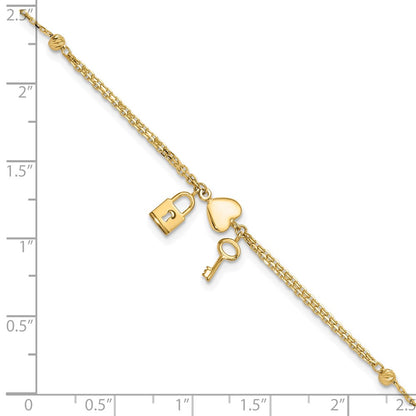 14K Yellow Gold Polished and Diamond-Cut Heart Lock and Key W/ .5in Ext. Bracelet
