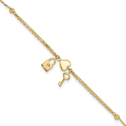 14K Yellow Gold Polished and Diamond-Cut Heart Lock and Key W/ .5in Ext. Bracelet