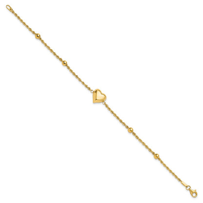 14K Yellow Gold Polished and D/c Beaded Puff Heart 7.75in Bracelet