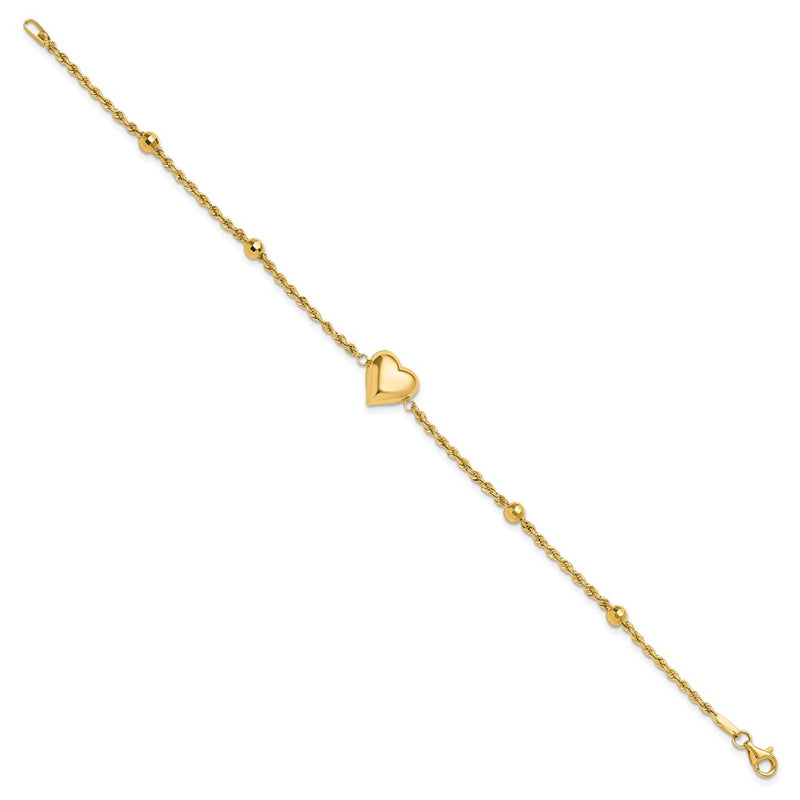 14K Yellow Gold Polished and D/c Beaded Puff Heart 7.75in Bracelet