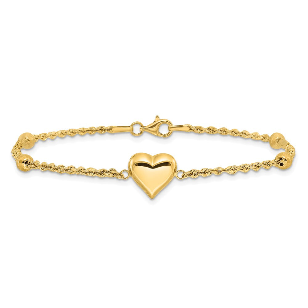 14K Yellow Gold Polished and D/c Beaded Puff Heart 7.75in Bracelet