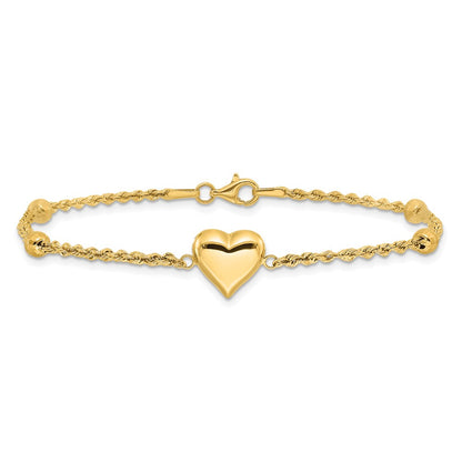 14K Yellow Gold Polished and D/c Beaded Puff Heart 7.75in Bracelet