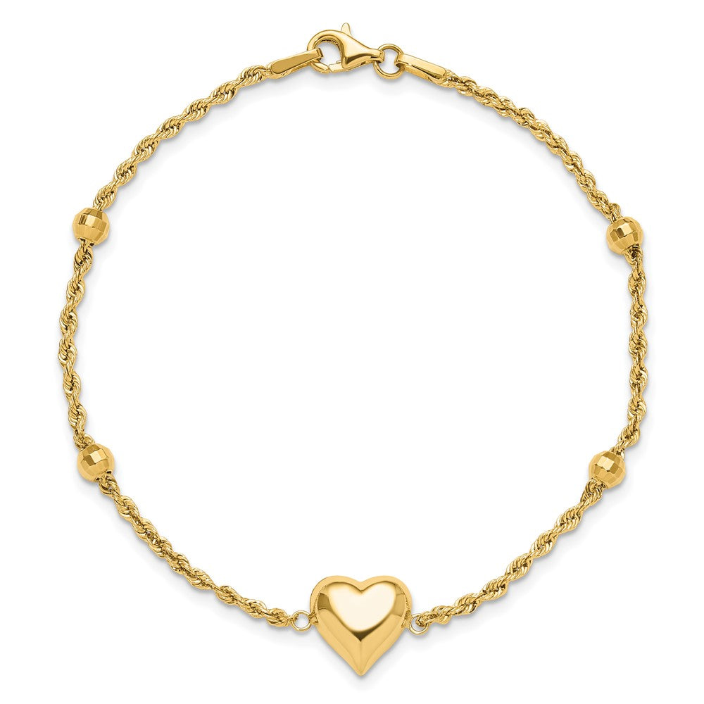 14K Yellow Gold Polished and D/c Beaded Puff Heart 7.75in Bracelet