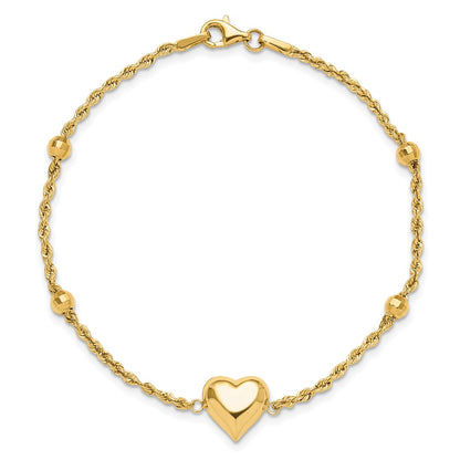 14K Yellow Gold Polished and D/c Beaded Puff Heart 7.75in Bracelet