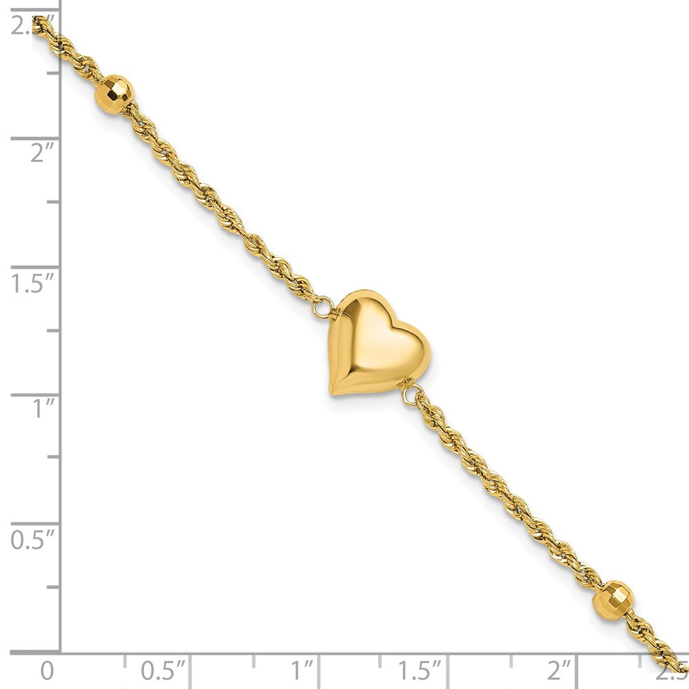 14K Yellow Gold Polished and D/c Beaded Puff Heart 7.75in Bracelet