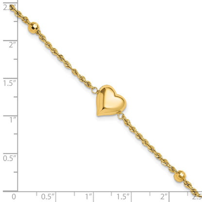 14K Yellow Gold Polished and D/c Beaded Puff Heart 7.75in Bracelet