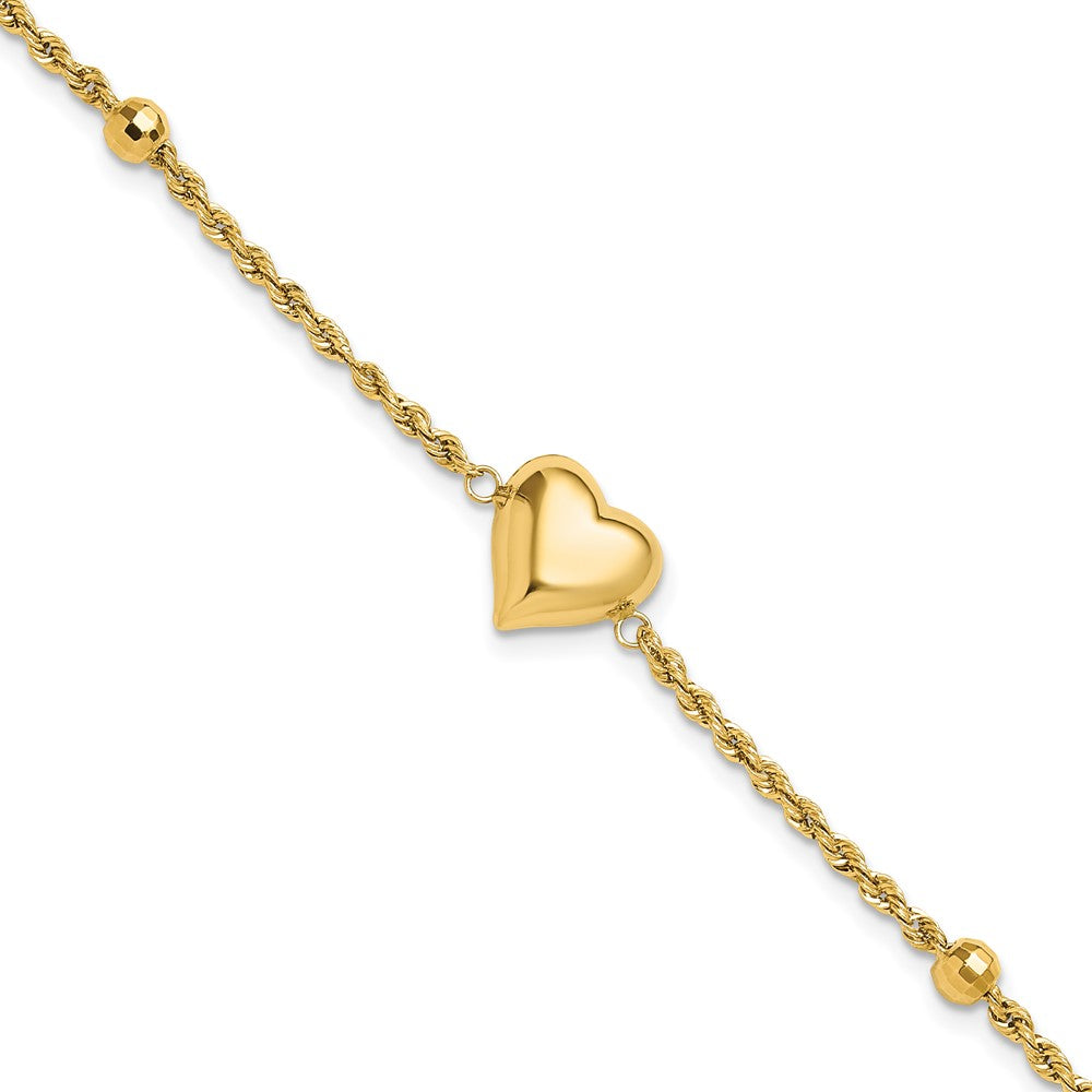 14K Yellow Gold Polished and D/c Beaded Puff Heart 7.75in Bracelet