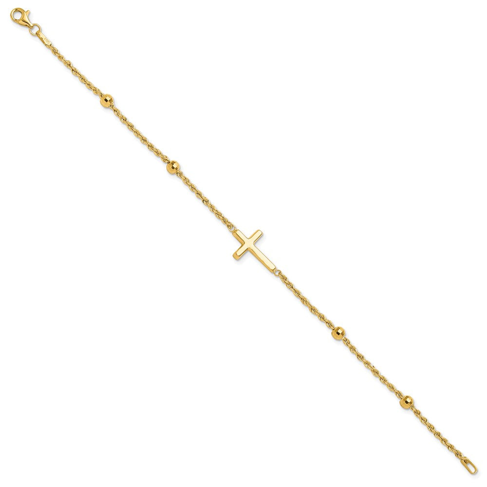 14K Yellow Gold D/c Beaded Cross 7.5in Bracelet
