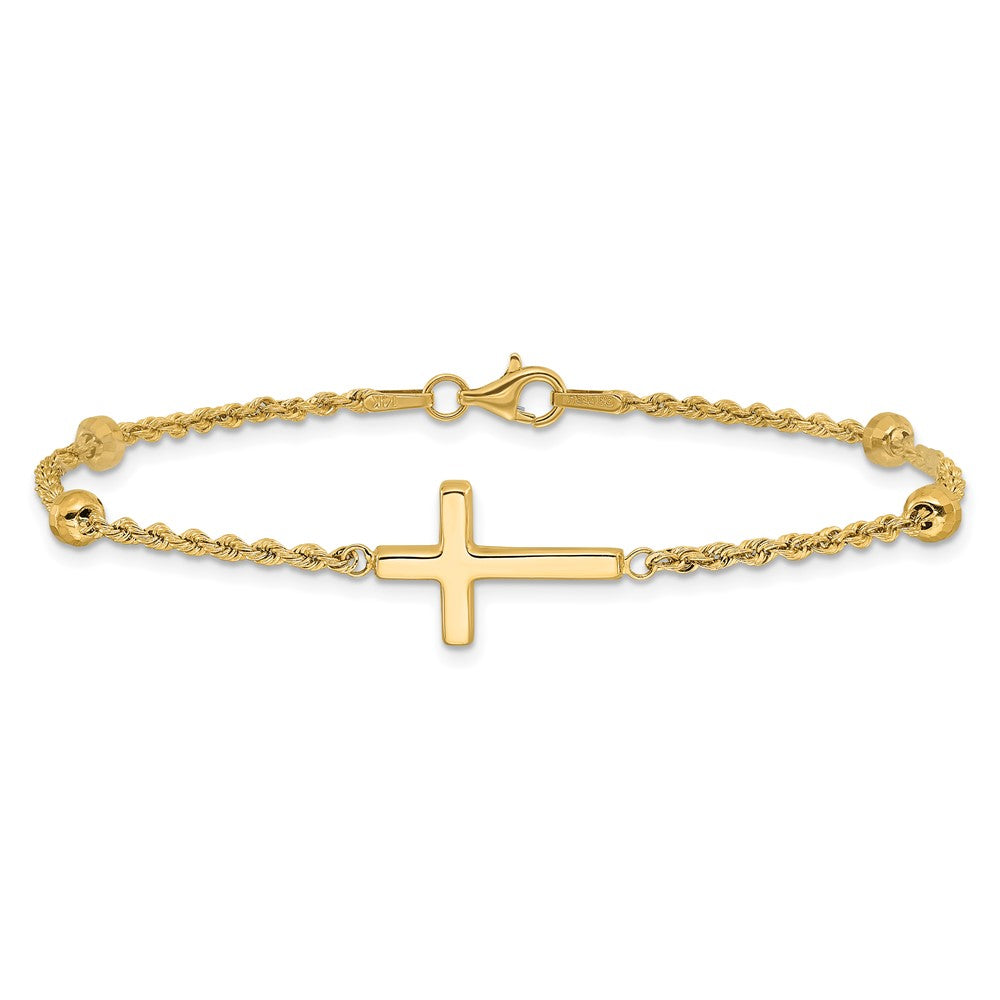 14K Yellow Gold D/c Beaded Cross 7.5in Bracelet