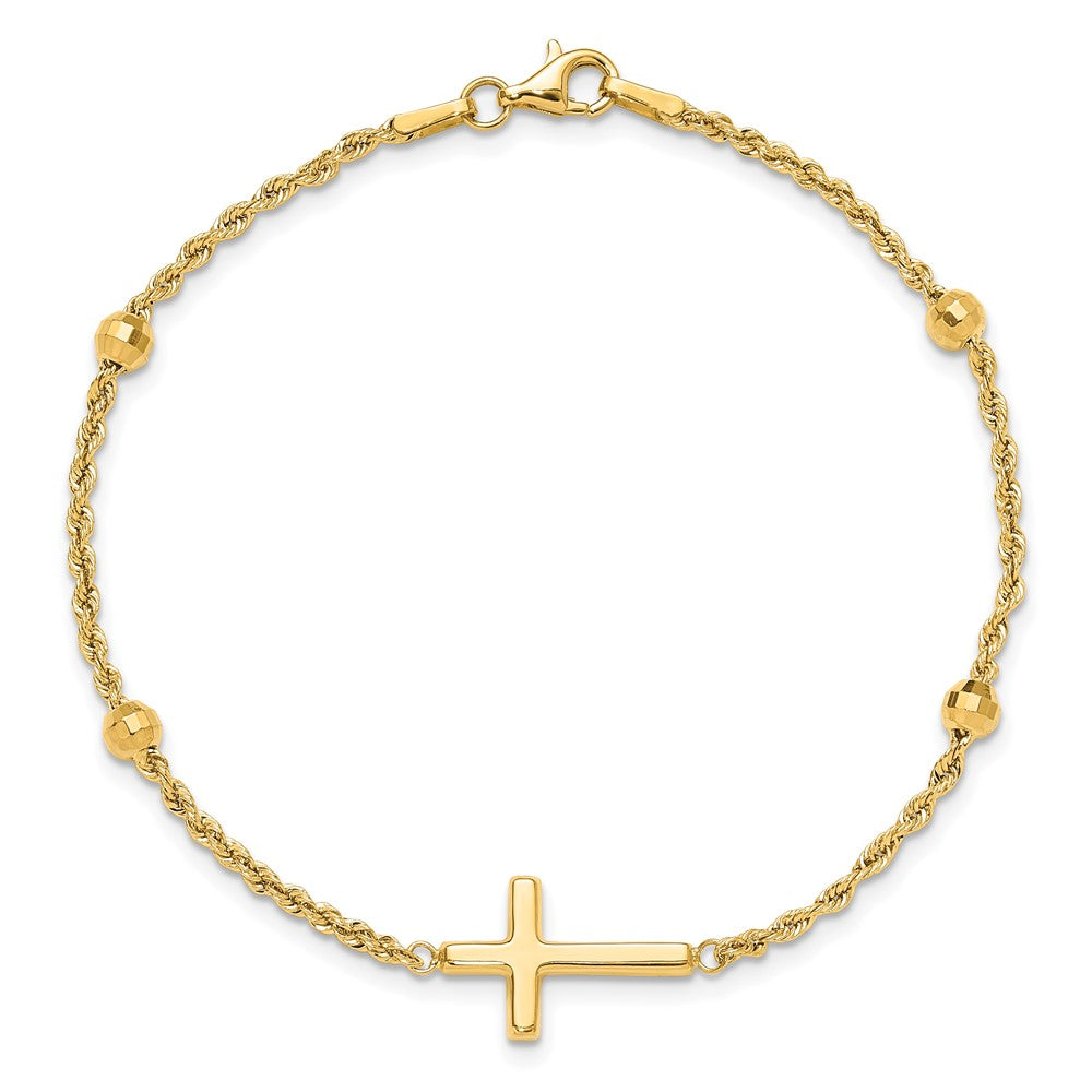 14K Yellow Gold D/c Beaded Cross 7.5in Bracelet