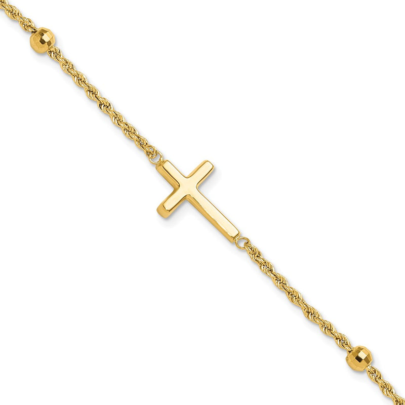 14K Yellow Gold D/c Beaded Cross 7.5in Bracelet