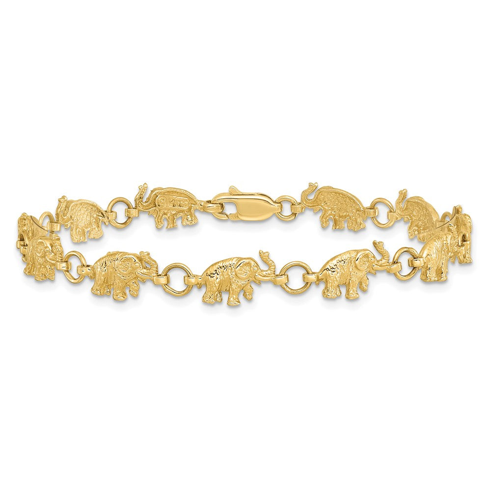 8 Inch 14K 8In Diamond-Cut Small Elephants With Trunks Raised Bracelet