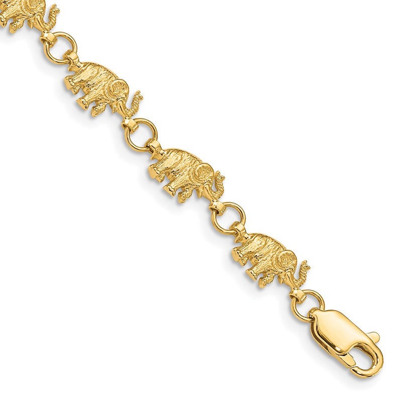 8 Inch 14K 8In Diamond-Cut Small Elephants With Trunks Raised Bracelet