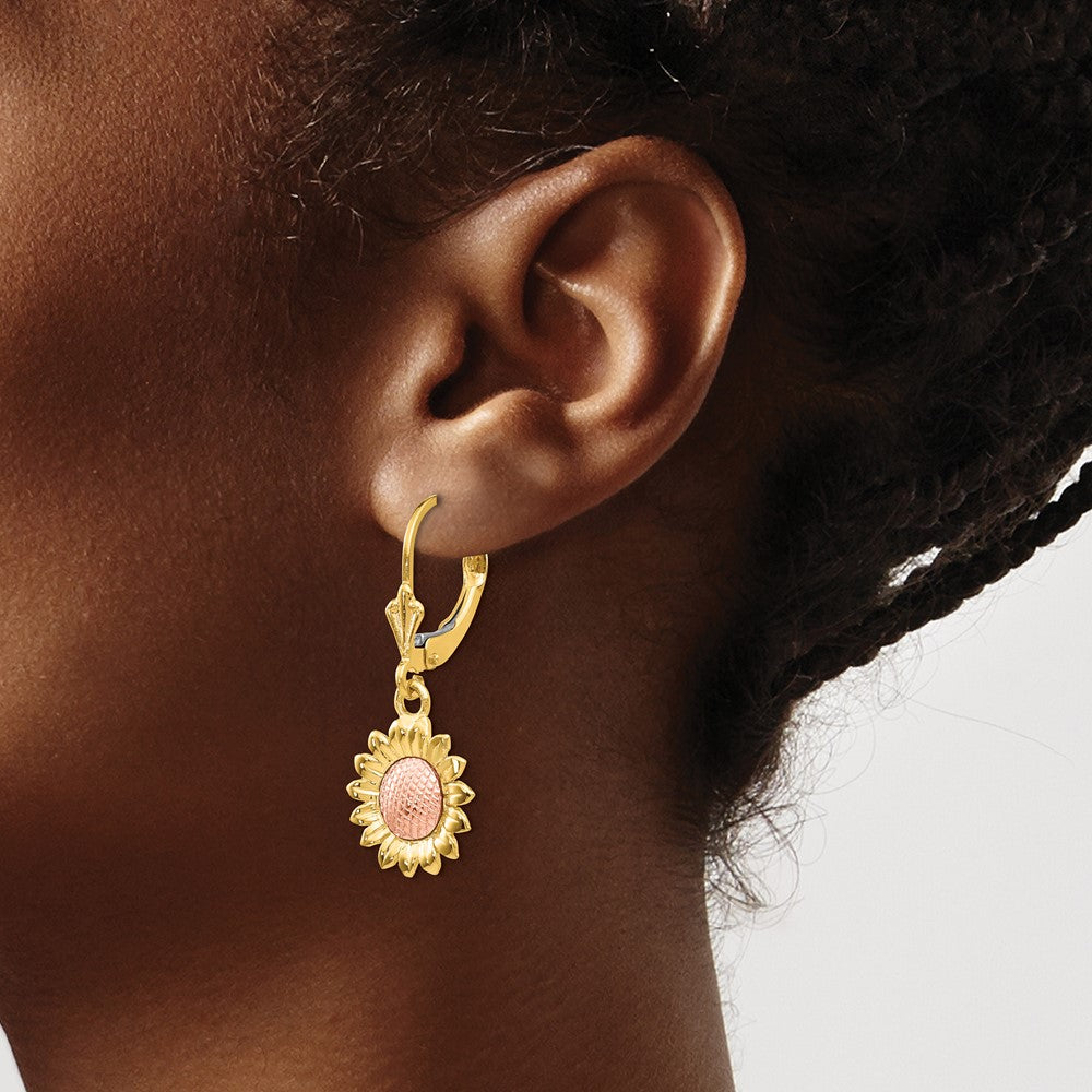 14K Two-Tone Polished Sunflower Dangle Leverback Earrings