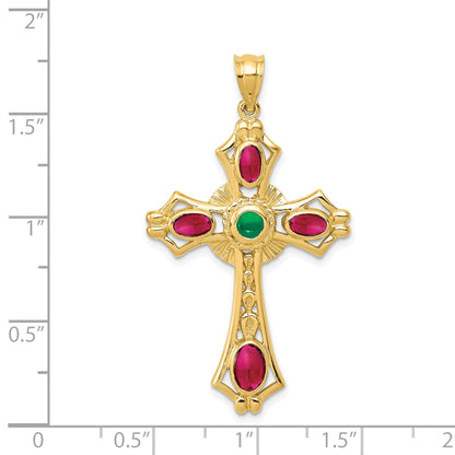 14K Yellow Gold Ruby And Emerald Cabochon Cross Pendant