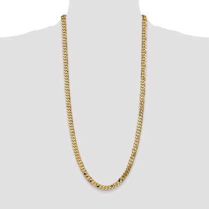Solid 14K Yellow Gold 30 inch 7.25mm Flat Beveled Curb with Lobster Clasp Chain Necklace