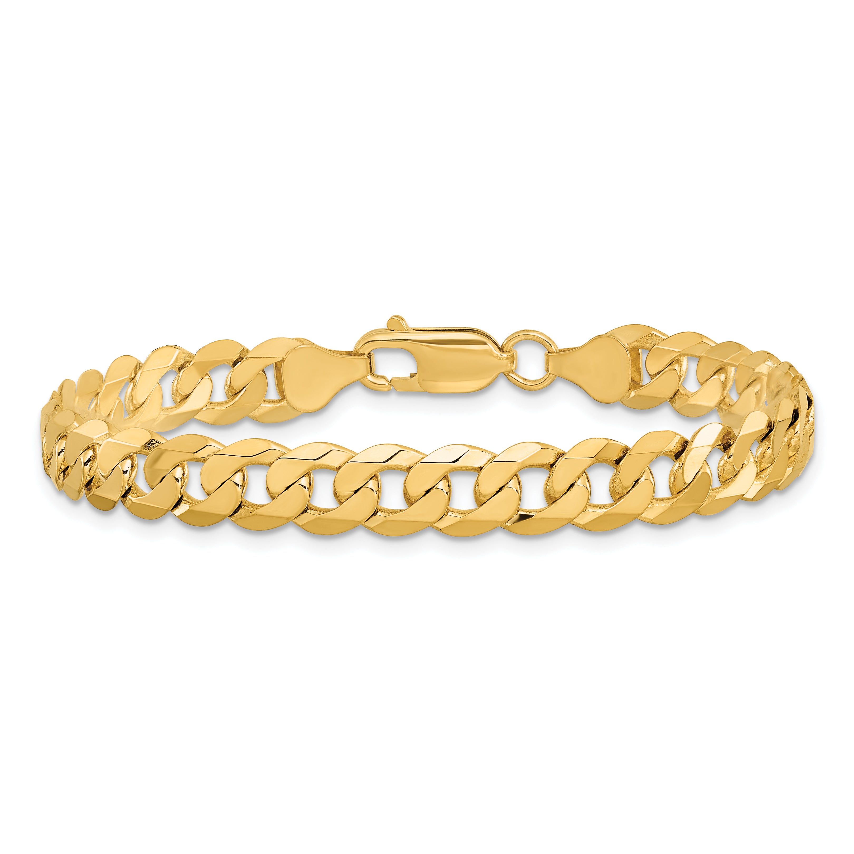 Solid 14K Yellow Gold 9 inch 7.25mm Flat Beveled Curb with Lobster Clasp Chain Bracelet