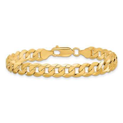 Solid 14K Yellow Gold 9 inch 7.25mm Flat Beveled Curb with Lobster Clasp Chain Bracelet