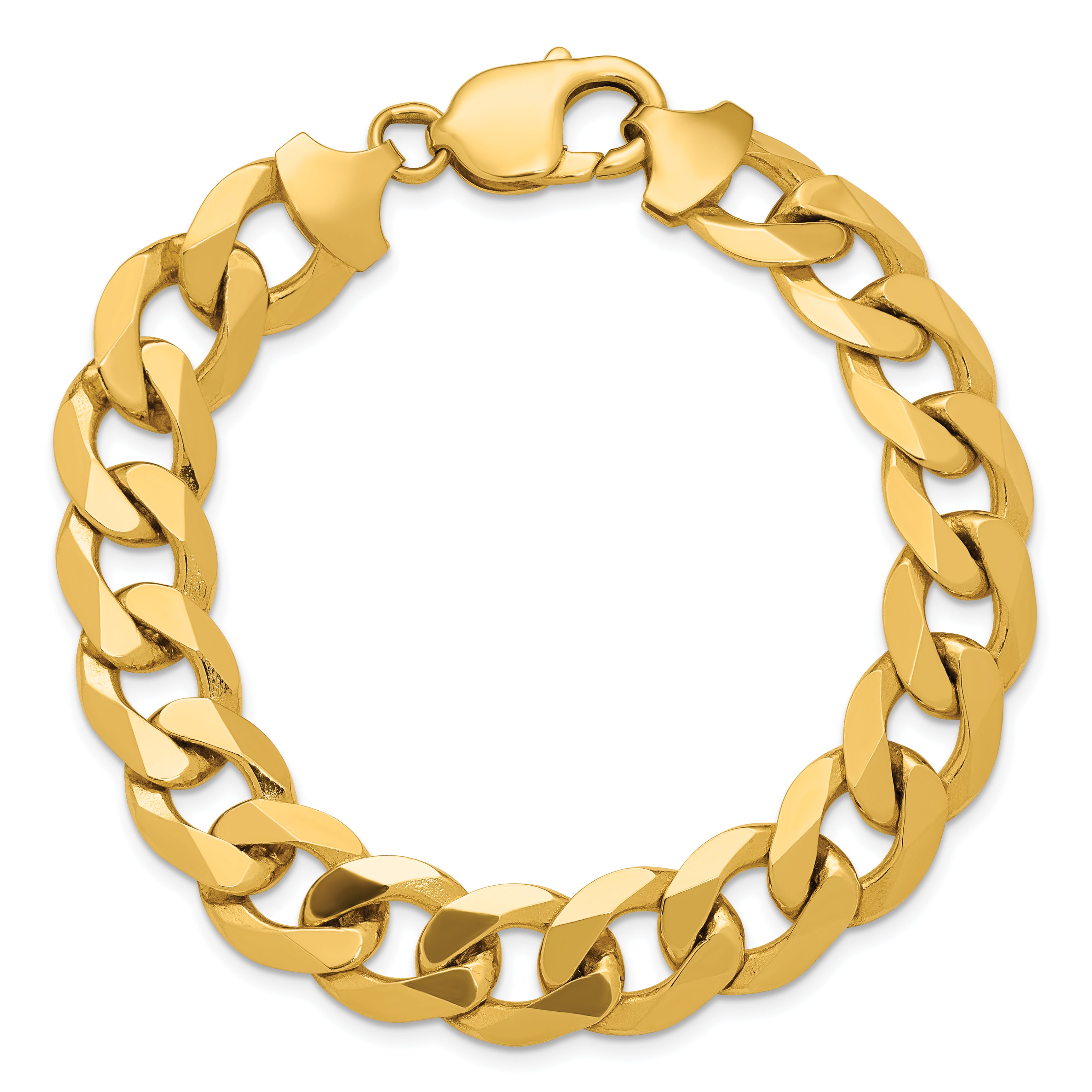 Solid 14K Yellow Gold 12.0mm Flat Beveled Curb Chain Bracelet
