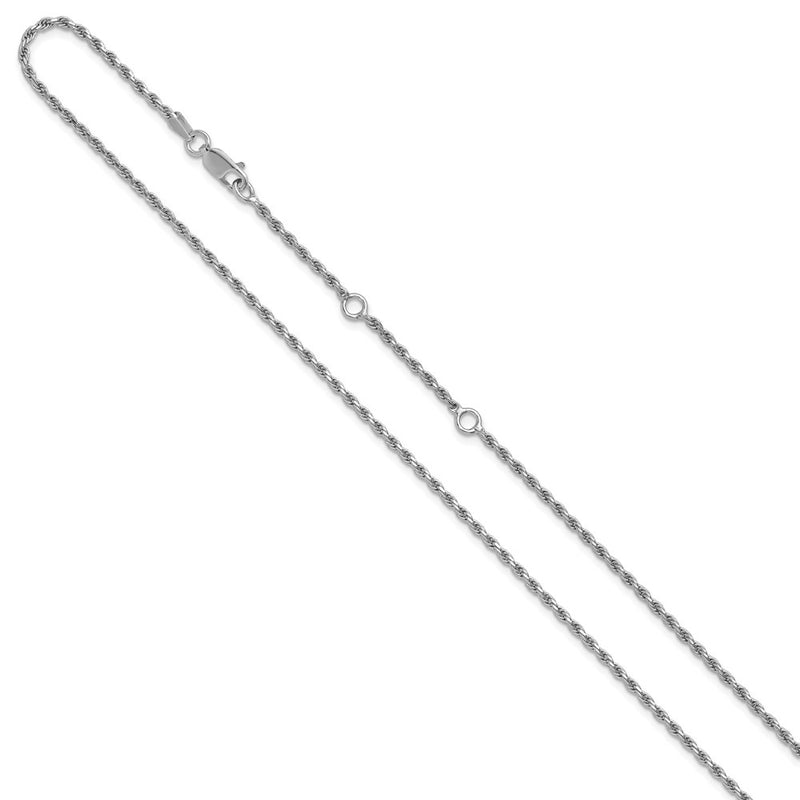 18 Inch Sterling Silver Rh Plt 2mm D/C Rope 1In+1In Adjustable Chain Necklace