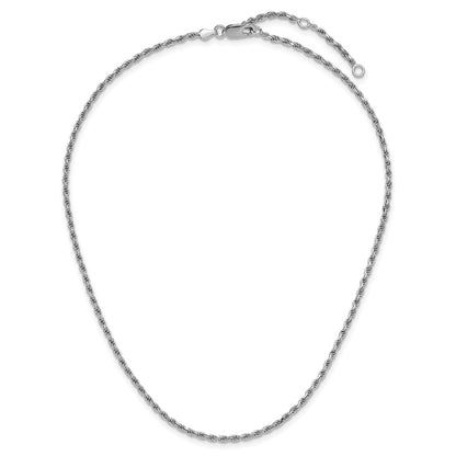 18 Inch Sterling Silver Rh Plt 2.2mm D/C Rope 1In+1In Adjustable Chain Necklace
